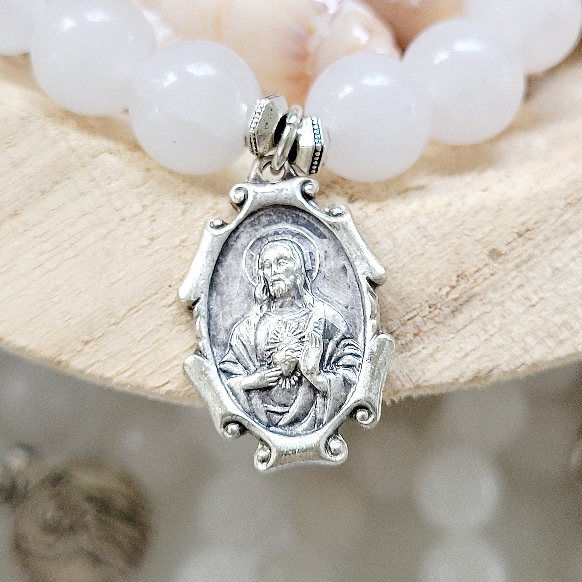 White jade 10mm Beaded Bracelet w/ Sacred Heart of Jesus / Our Lady of Mount Carmel Medal - Afterlife Jewelry Designs