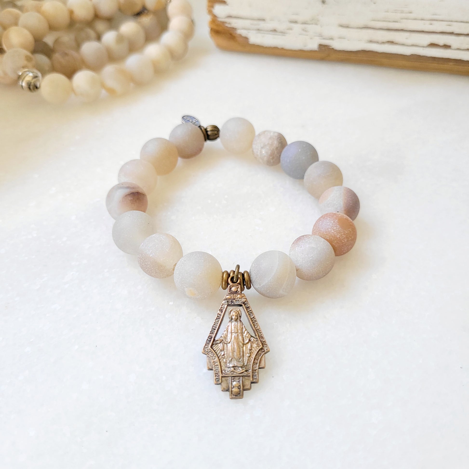 Druzy Agate 12mm Beaded Bracelet with Miraculous Medal of Mary Medal - Afterlife Jewelry Designs