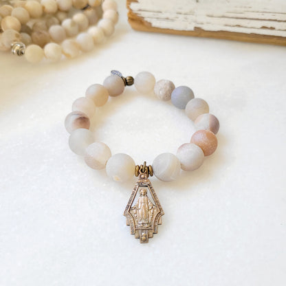 Druzy Agate 12mm Beaded Bracelet with Miraculous Medal of Mary Medal - Afterlife Jewelry Designs