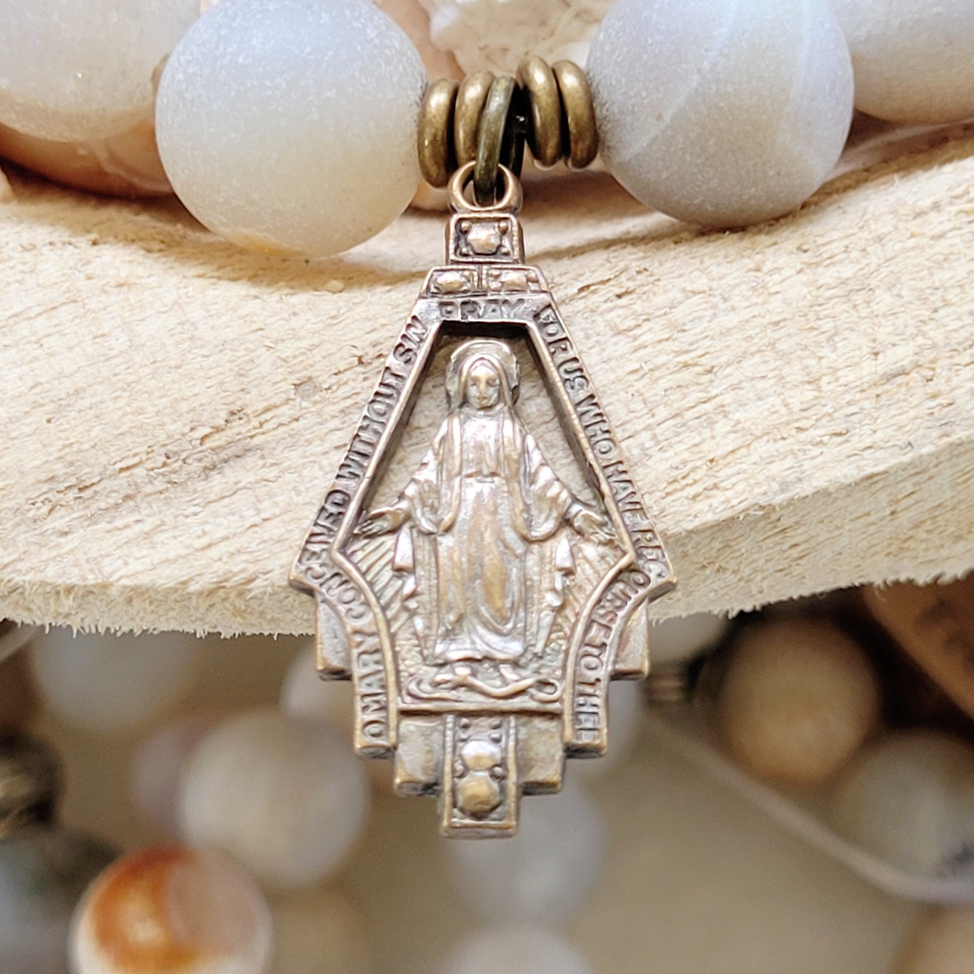 Druzy Agate 12mm Beaded Bracelet with Miraculous Medal of Mary Medal - Afterlife Jewelry Designs