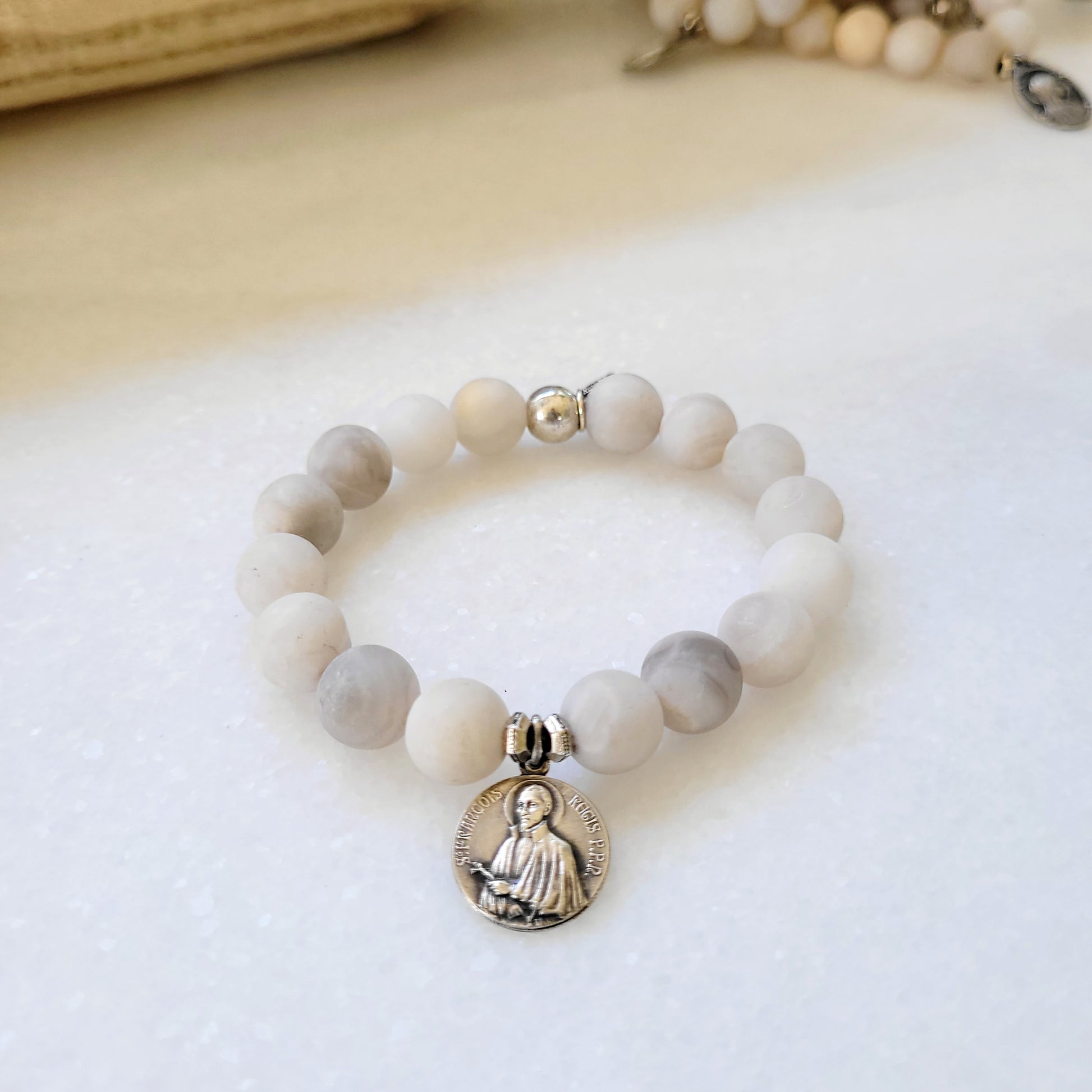 Druzy Agate 12mm Beaded Bracelet with St. Francis Regis & St. Thérèse Couderc Medal - Afterlife Jewelry Designs