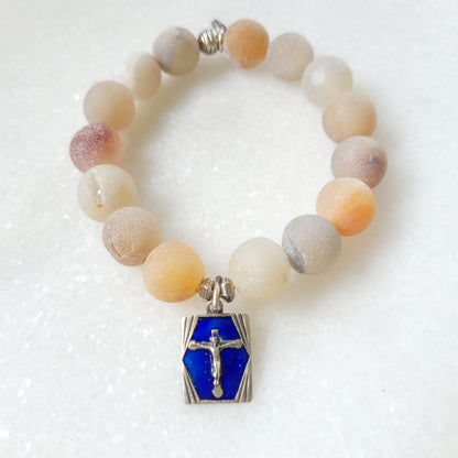 Druzy Agate 12mm Beaded Bracelet with Enameled Crucifix / Chapelle de Tancremont - Afterlife Jewelry Designs