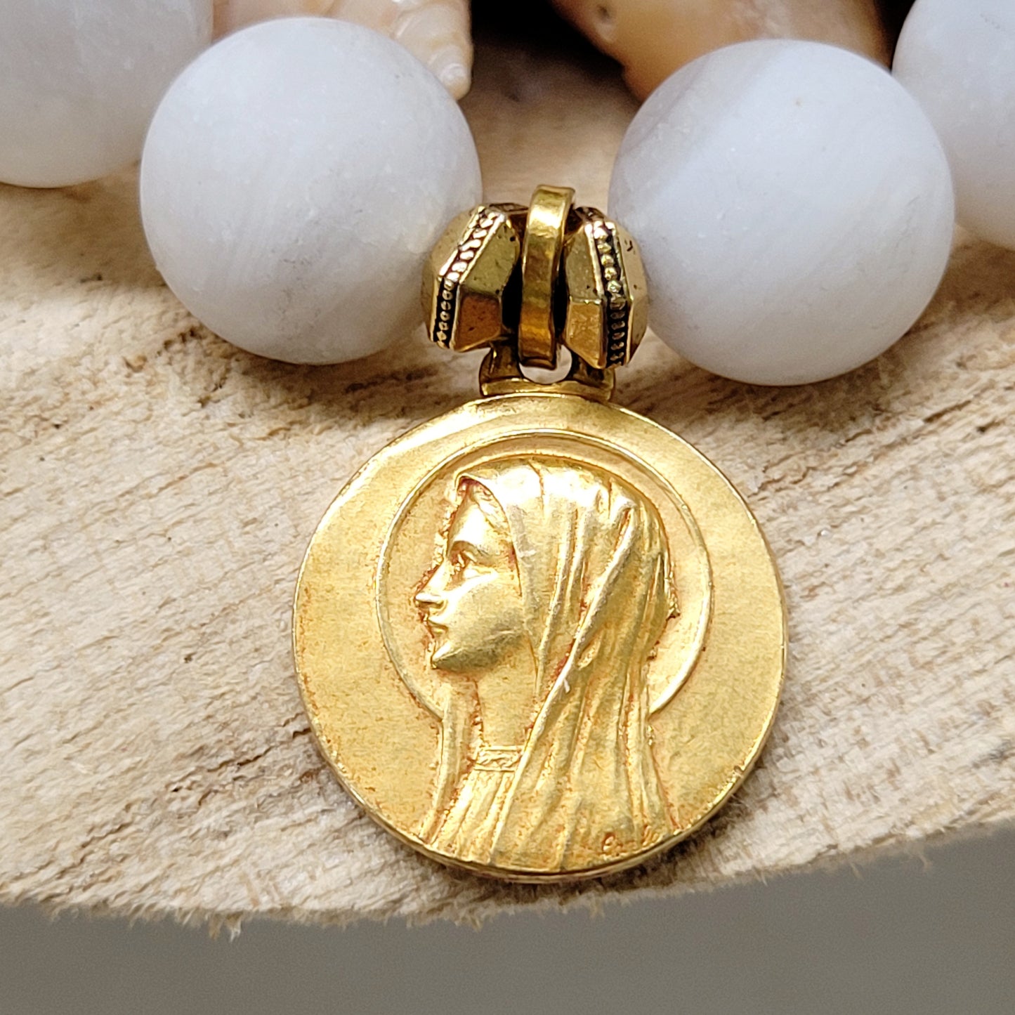 Druzy Agate 10mm Beaded Bracelet with Gold plated Virgin Mary Medal from France - Afterlife Jewelry Designs