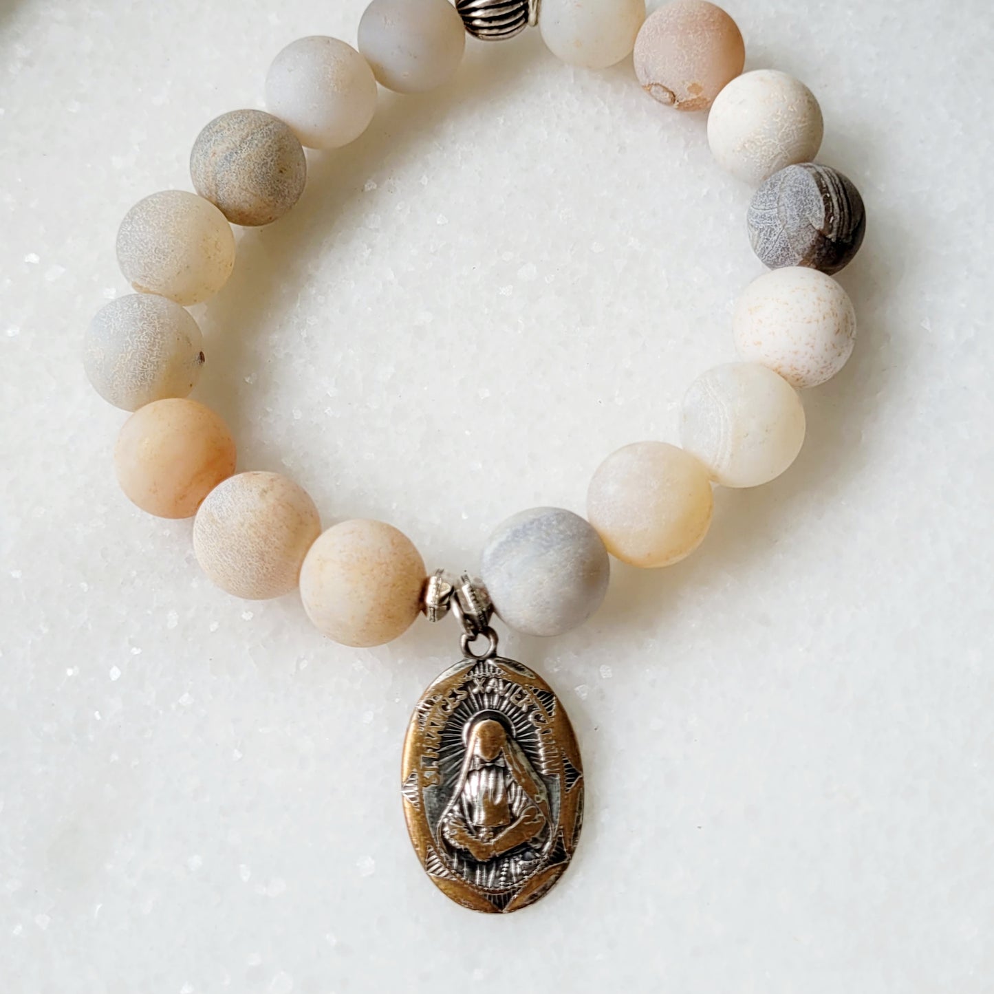 Druzy Agate 12mm Beaded Bracelet with St. Frances Xavier Cabrini Medal & Sacred Heart of Jesus - Afterlife Jewelry Designs