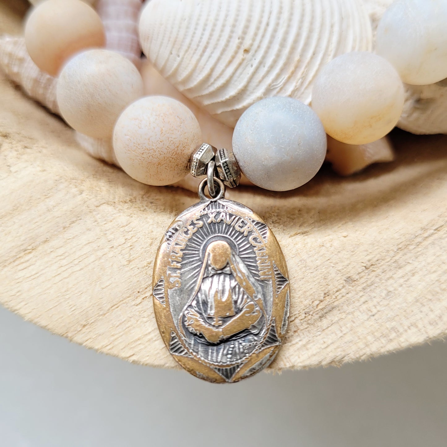 Druzy Agate 12mm Beaded Bracelet with St. Frances Xavier Cabrini Medal & Sacred Heart of Jesus - Afterlife Jewelry Designs