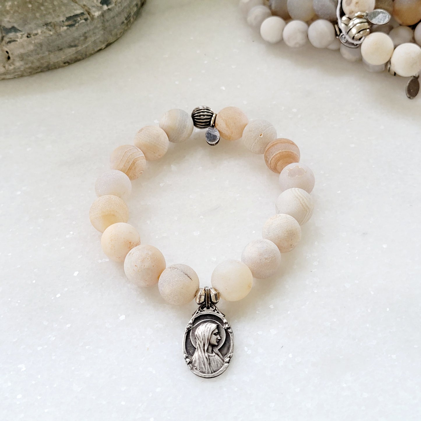 Druzy Agate 10mm Beaded Bracelet with Our Lady Virgin Mary Medal Art Nouveau Lourdes Medal - Afterlife Jewelry Designs