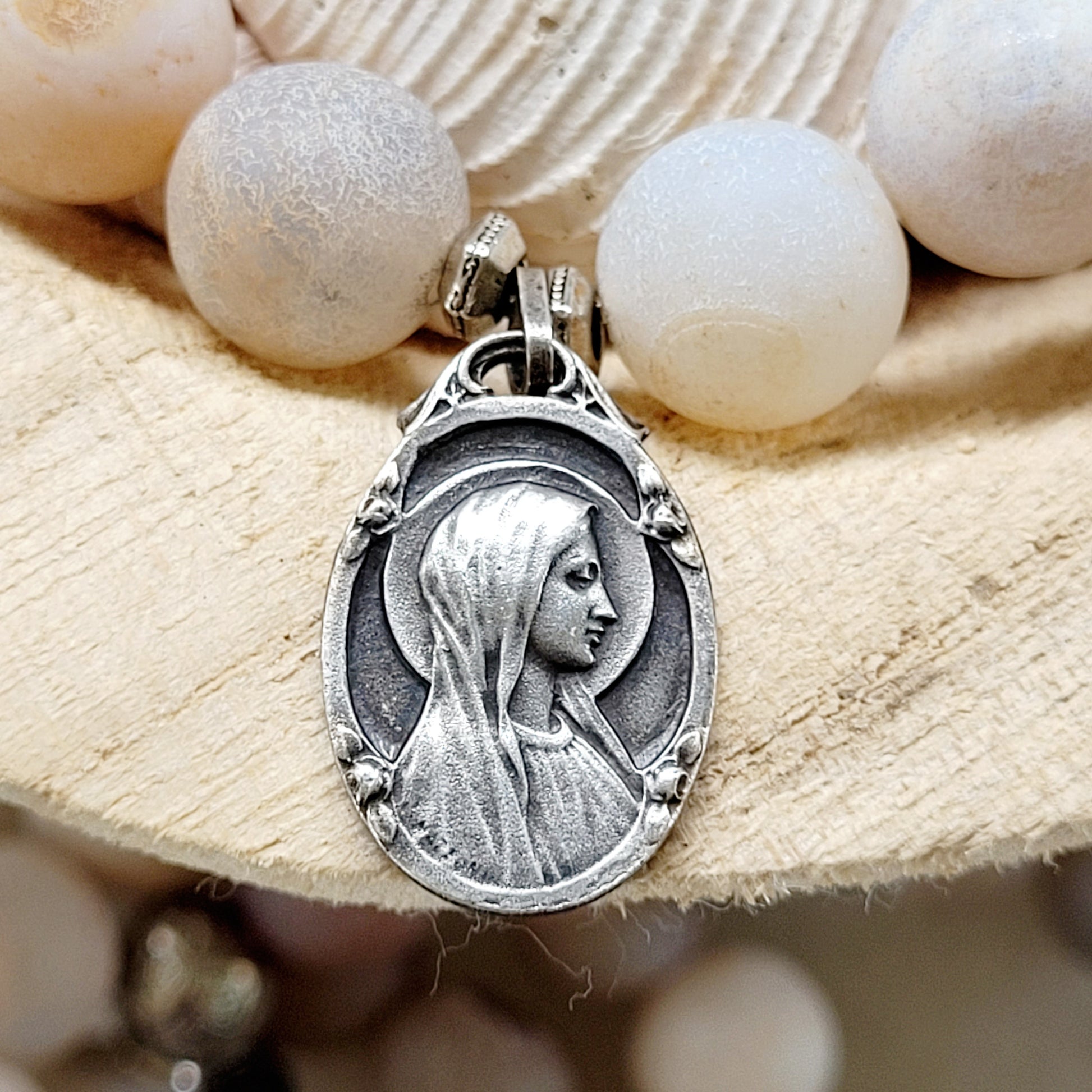Druzy Agate 10mm Beaded Bracelet with Our Lady Virgin Mary Medal Art Nouveau Lourdes Medal - Afterlife Jewelry Designs