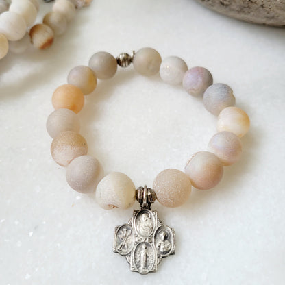 Druzy Agate 12mm Beaded Bracelet with Silver Plated Four Way Cross Medal - Afterlife Jewelry Designs