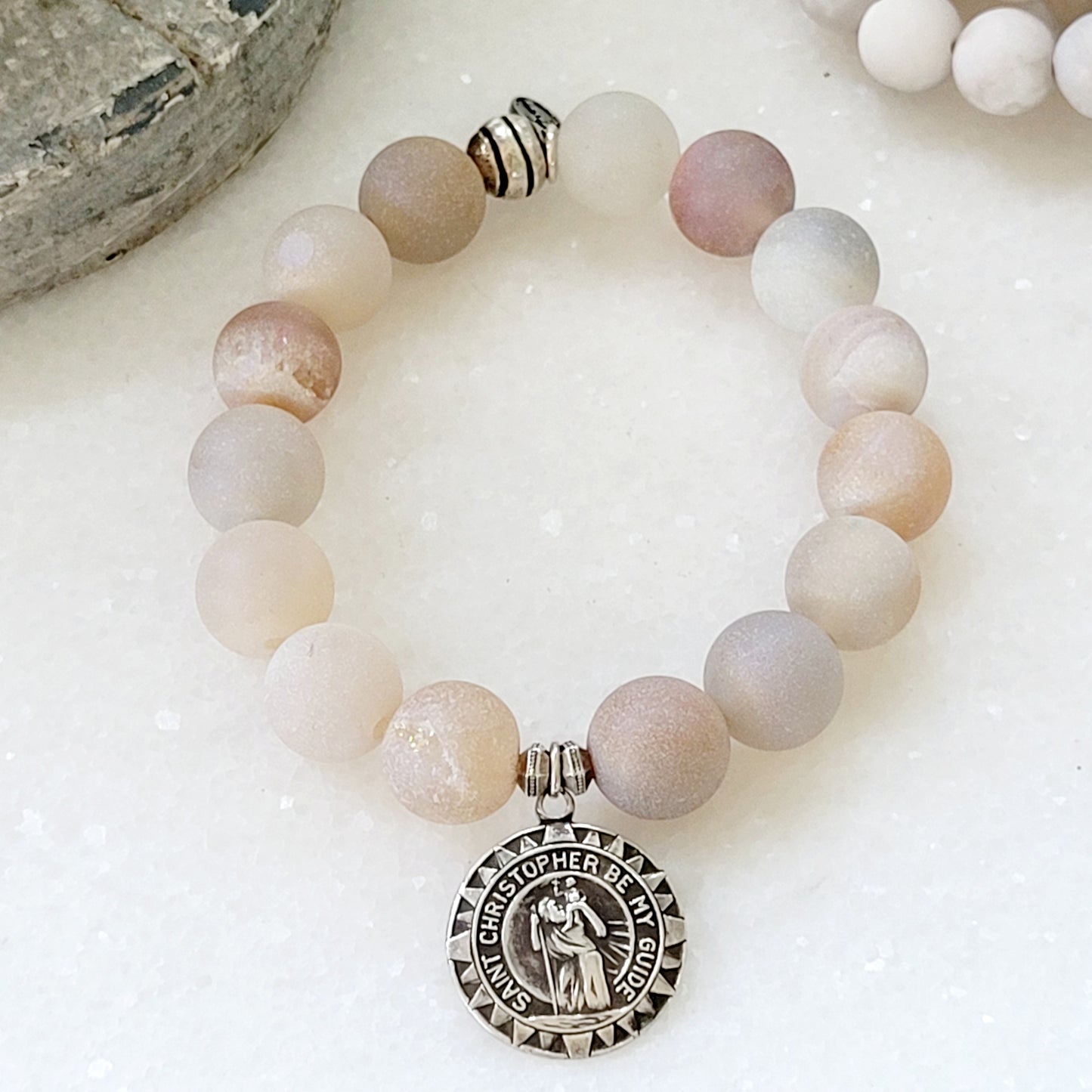 Druzy Agate 12mm Beaded Bracelet with Sterling Silver St. Christopher Medal - Afterlife Jewelry Designs