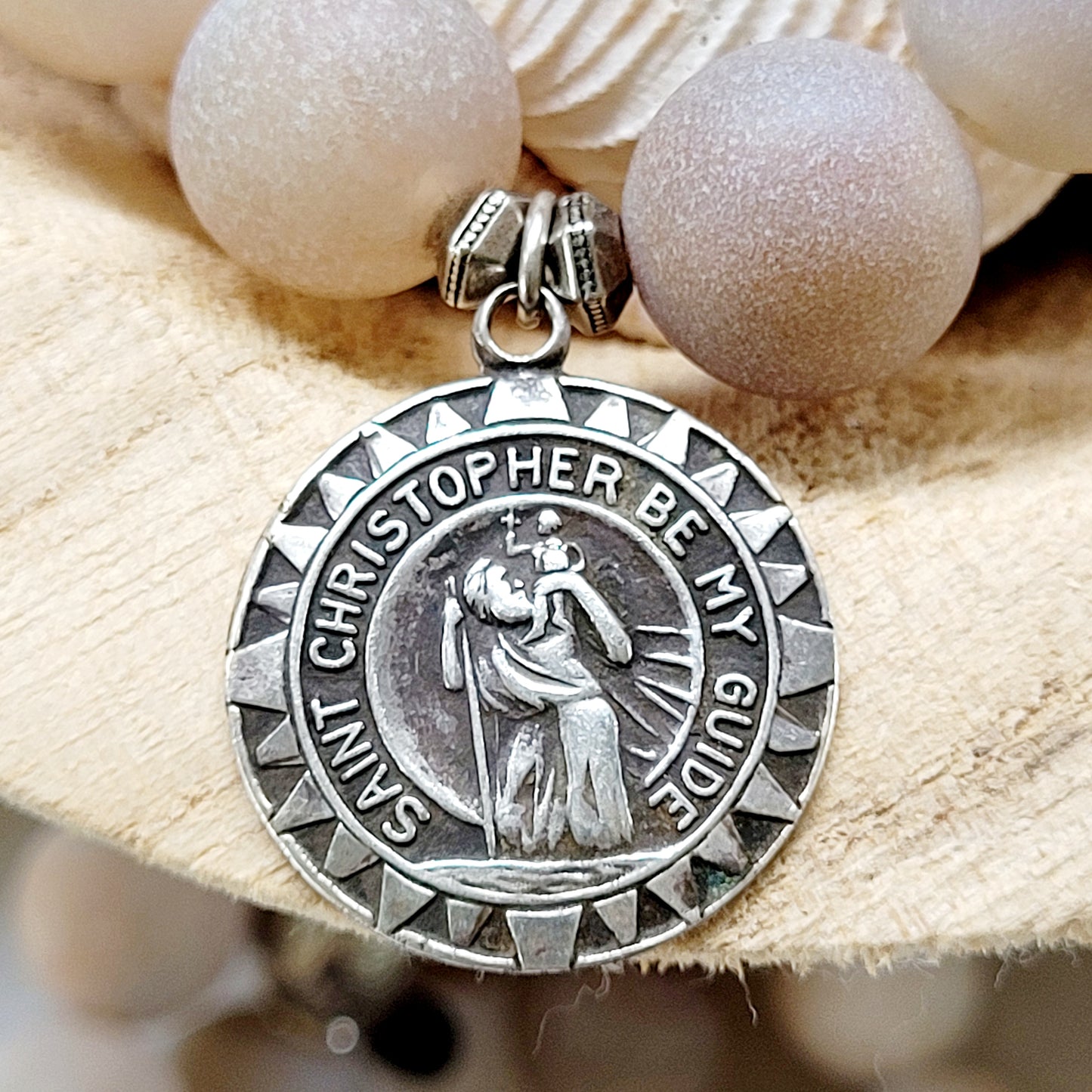 Druzy Agate 12mm Beaded Bracelet with Sterling Silver St. Christopher Medal - Afterlife Jewelry Designs