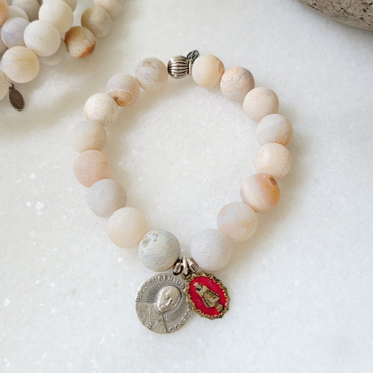 Druzy Agate 12mm Beaded Bracelet with Medal of Infant of Prague + BCJ Eugenius de Mazenod - Afterlife Jewelry Designs