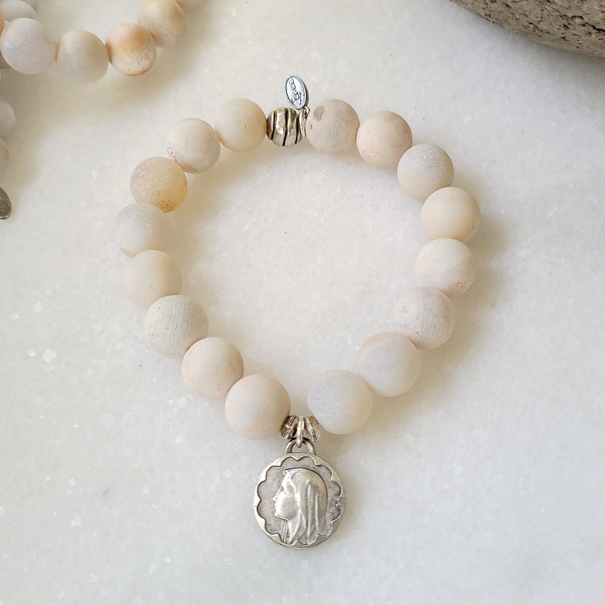 Druzy Agate 10mm Beaded Bracelet with Blessed Mother Mary + Our Lady of Lourdes Medal - Afterlife Jewelry Designs