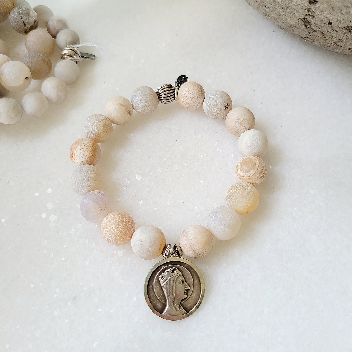 Druzy Agate 10mm Beaded Bracelet with Spanish Blessed Mother Mary + Sacred Heart of Jesus Medal - Afterlife Jewelry Designs