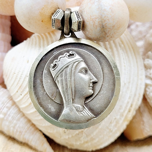 Druzy Agate 10mm Beaded Bracelet with Spanish Blessed Mother Mary + Sacred Heart of Jesus Medal - Afterlife Jewelry Designs