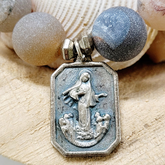 Druzy Agate 10mm Beaded Bracelet with Vintage Medal Our Lady of Medjugorje + St. James Church - Afterlife Jewelry Designs