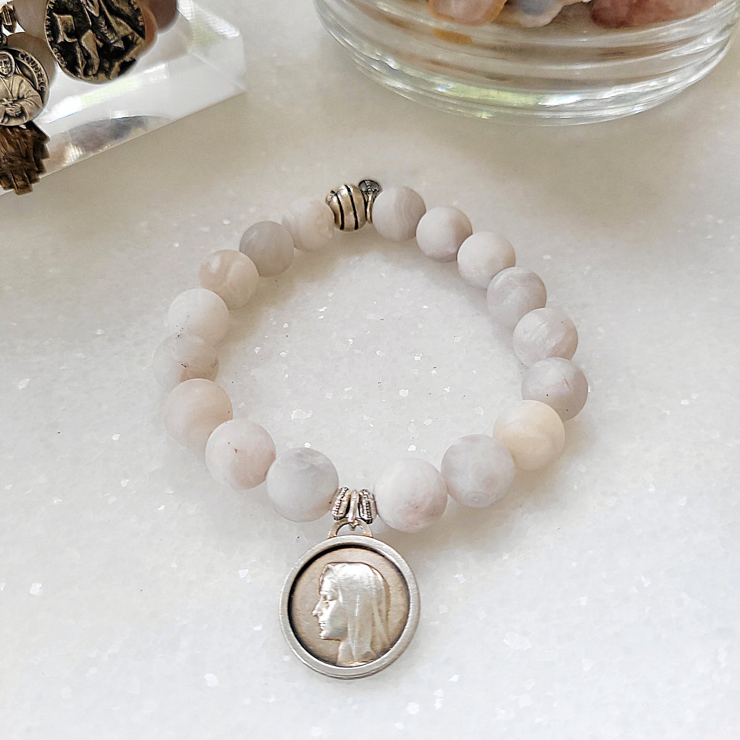 Druzy Agate 10mm Beaded Bracelet with Blessed Mother Mary Medal + God Be with You Inscription - Afterlife Jewelry Designs