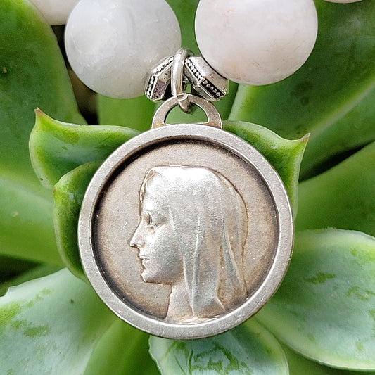 Druzy Agate 10mm Beaded Bracelet with Blessed Mother Mary Medal + God Be with You Inscription - Afterlife Jewelry Designs