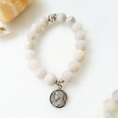 Druzy Agate 10mm Beaded Bracelet with Blessed Mother Mary + Our Lady of Lourdes Medal - Afterlife Jewelry Designs