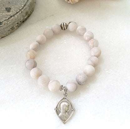 Druzy Agate 10mm Beaded Bracelet with Art Deco Blessed Mother Mary + Our Lady of Lourdes Medal - Afterlife Jewelry Designs