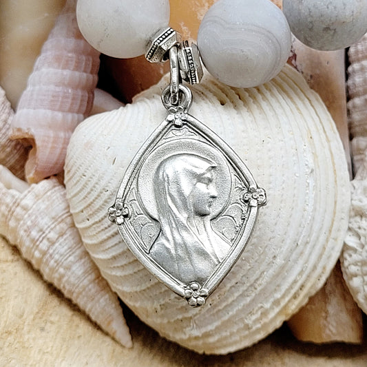 Druzy Agate 10mm Beaded Bracelet with Art Deco Blessed Mother Mary + Our Lady of Lourdes Medal - Afterlife Jewelry Designs
