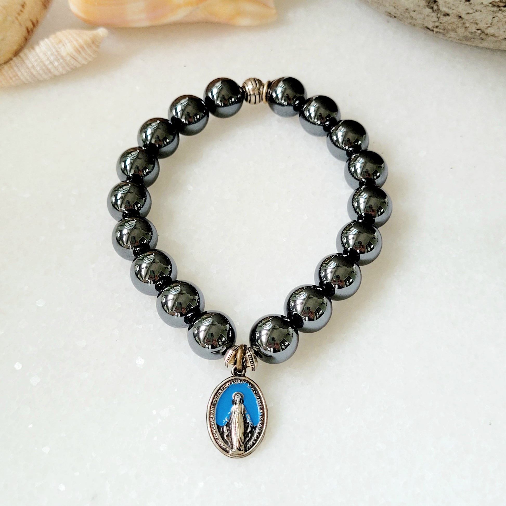 Hematite 10mm Beaded Bracelet with Blue Enameled Miraculous Medal of Mary - Afterlife Jewelry Designs