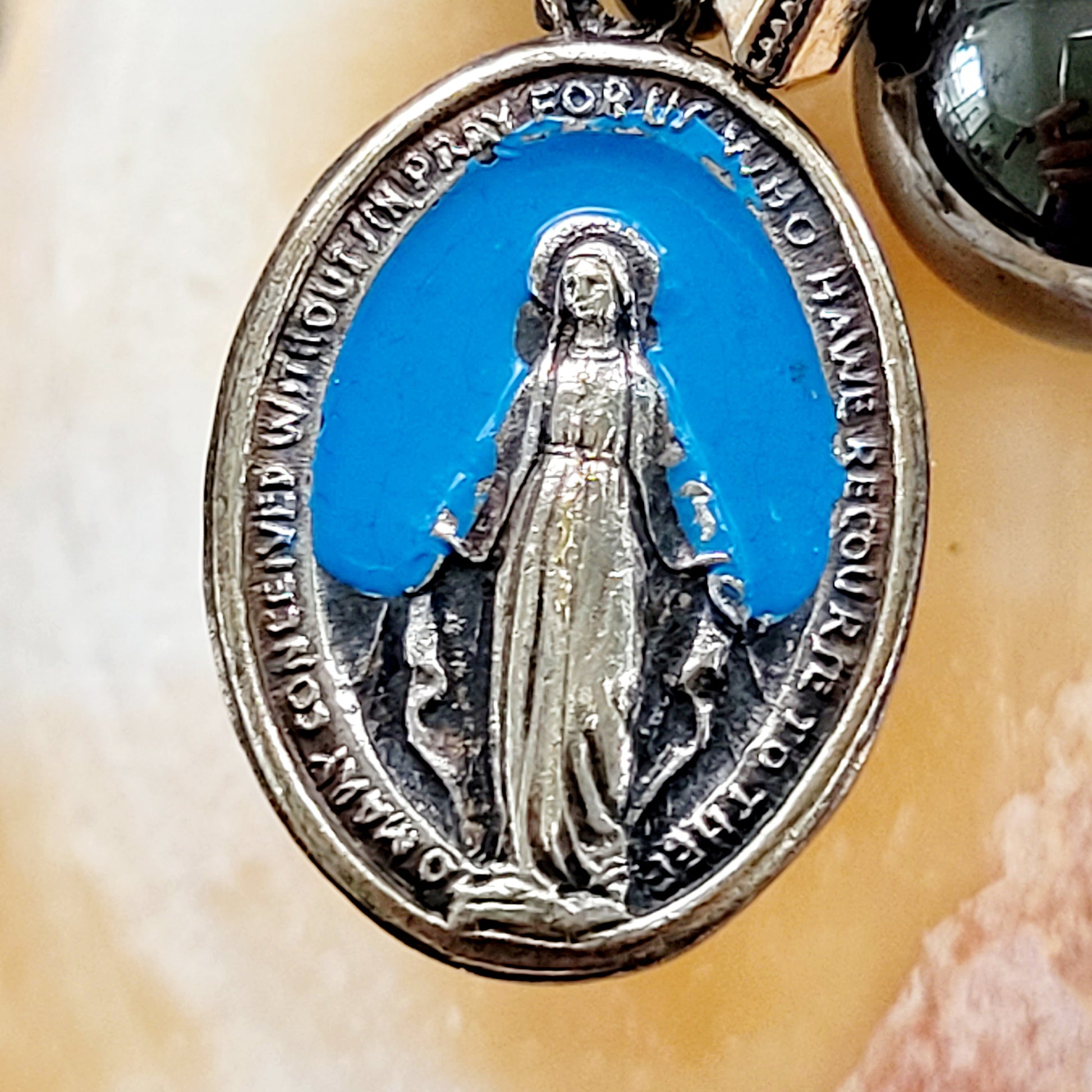 Hematite 10mm Beaded Bracelet with Blue Enameled Miraculous Medal of Mary - Afterlife Jewelry Designs