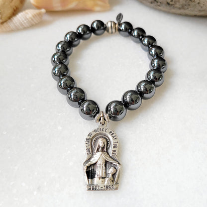 Hematite 10mm Beaded Bracelet with Our Lady of Mercy & Sacred Heart of Jesus Medal - Afterlife Jewelry Designs