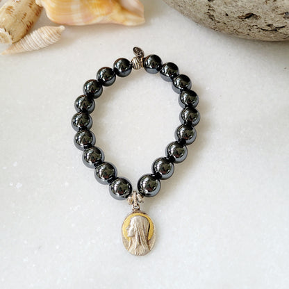 Hematite 10mm Beaded Bracelet with Our Lady of Lourdes / Blessed Mother Mary Medal - Afterlife Jewelry Designs