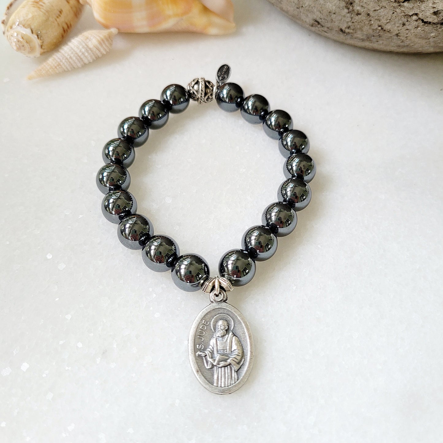 Hematite 10mm Beaded Bracelet with St. Jude Thaddeus Medal from Italy - Afterlife Jewelry Designs