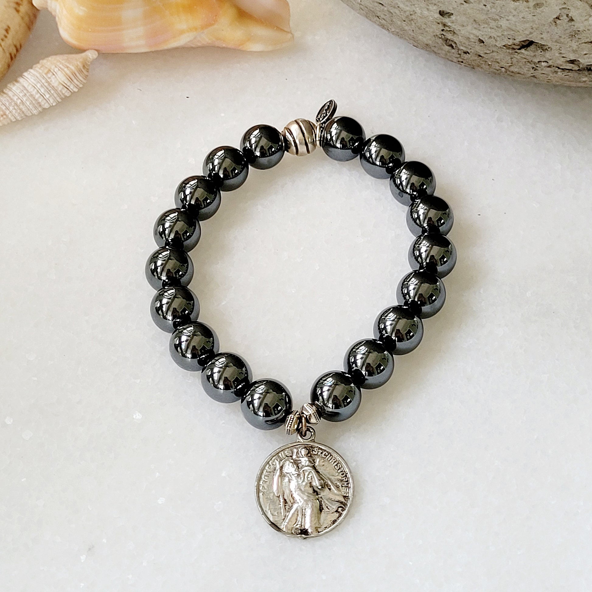 Hematite 10mm Beaded Bracelet with St. Raphael the Archangel & St. Christopher Medal - Afterlife Jewelry Designs