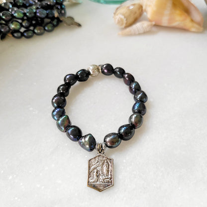 Grey Freshwater Pearl 10mm Bracelet with medal of St. Bernadette / Blessed Mother Lourdes, France. - Afterlife Jewelry Designs