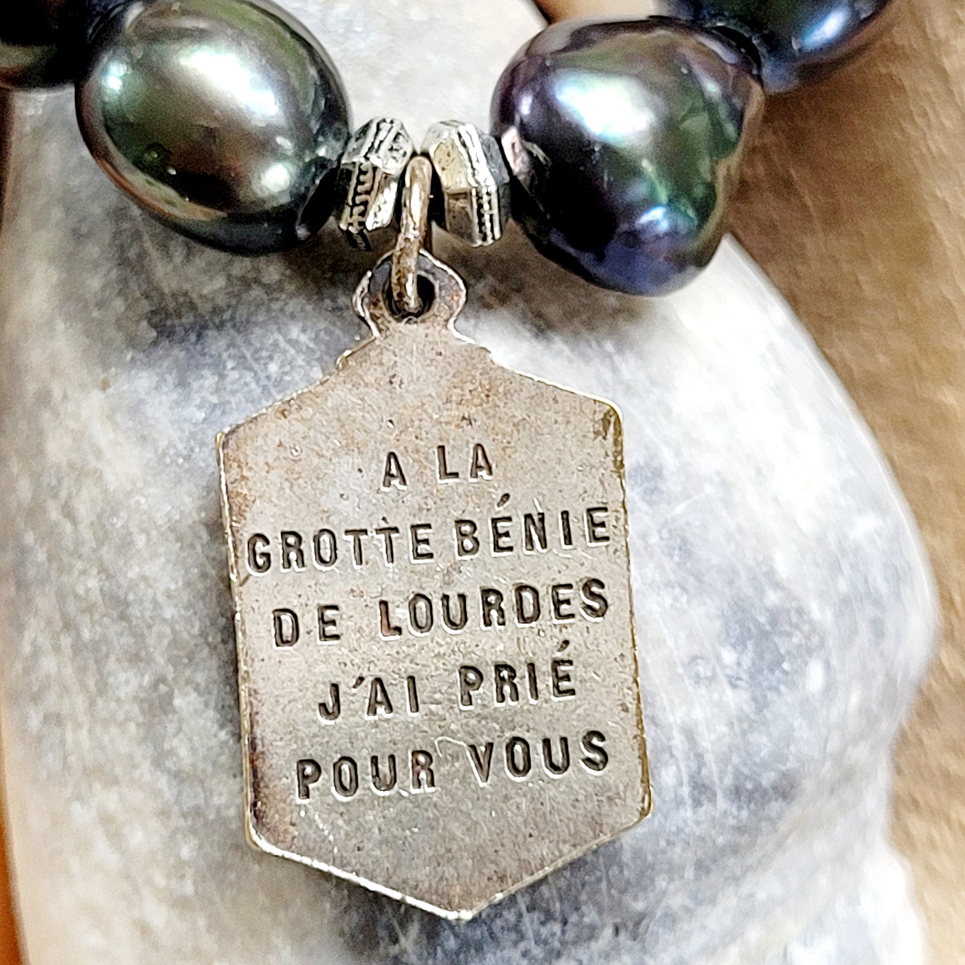 Grey Freshwater Pearl 10mm Bracelet with medal of St. Bernadette / Blessed Mother Lourdes, France. - Afterlife Jewelry Designs