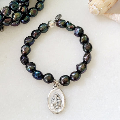 Grey Freshwater Pearl 10mm Bracelet with St. Joseph & the Holy Family Medal - Afterlife Jewelry Designs