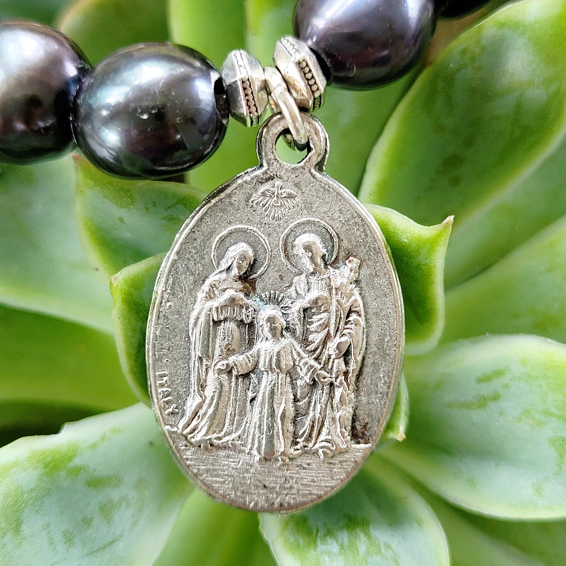 Grey Freshwater Pearl 10mm Bracelet with St. Joseph & the Holy Family Medal - Afterlife Jewelry Designs