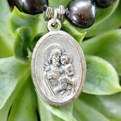 Grey Freshwater Pearl 10mm Bracelet with St. Joseph & the Holy Family Medal - Afterlife Jewelry Designs