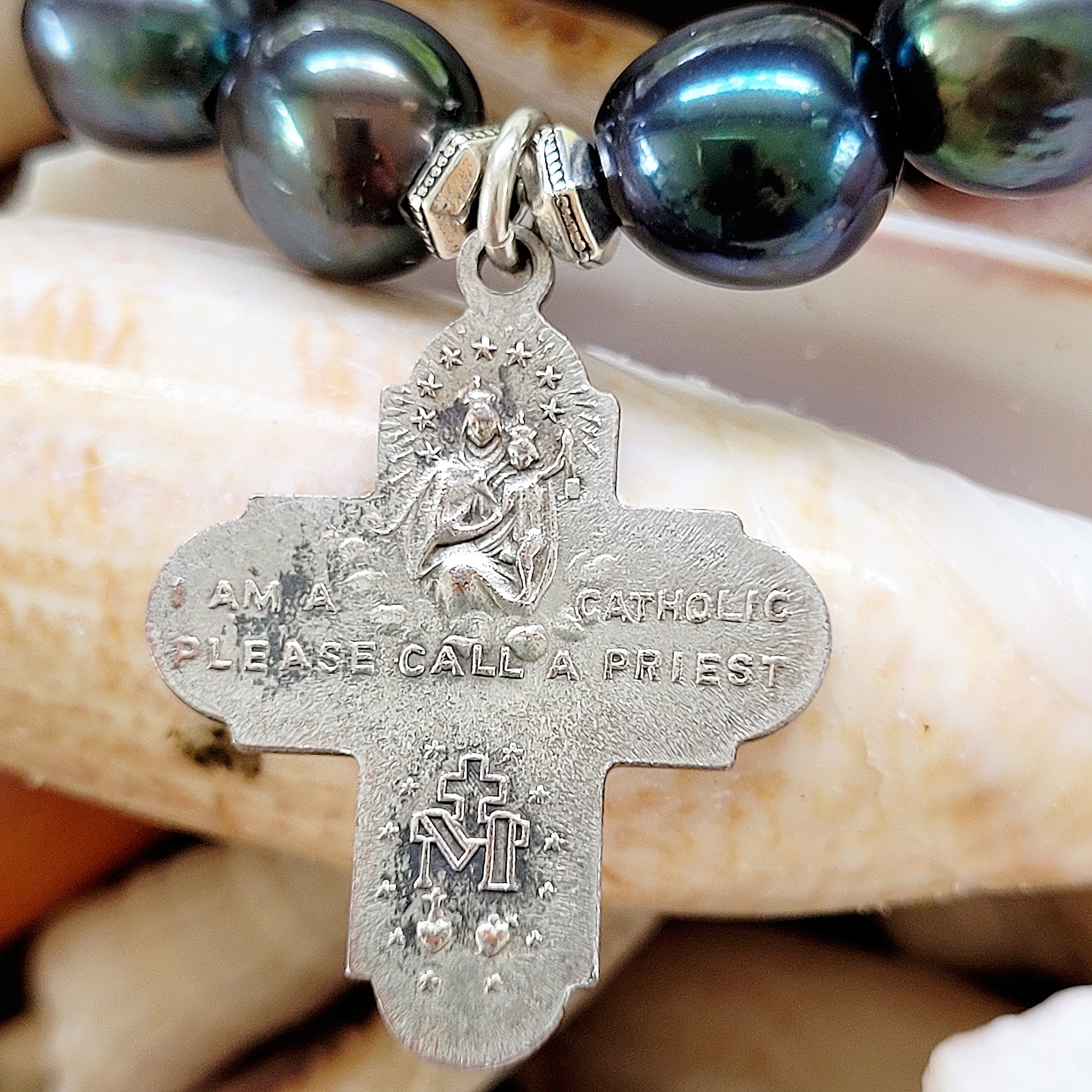 Grey Freshwater Pearl 10mm Bracelet with a Four Way Cross Medal - Afterlife Jewelry Designs