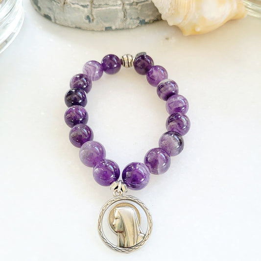 Amethyst 12mm Beaded Bracelet with Blessed Mother Mary Medal - Afterlife Jewelry Designs