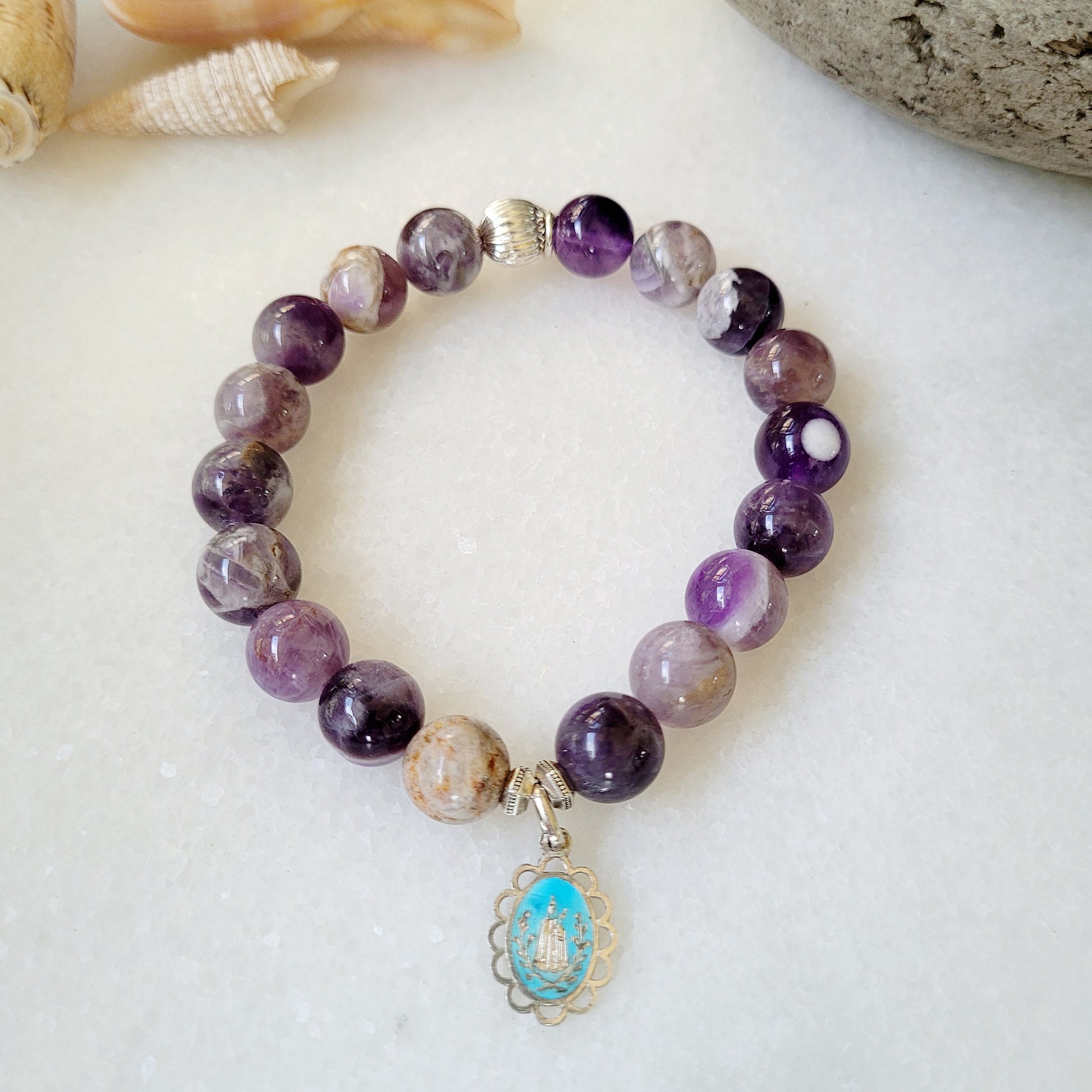 Amethyst 10mm Dogtooth Beaded Bracelet w/ Blessed Mother Mary Medal - Afterlife Jewelry Designs