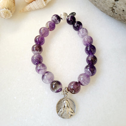 Amethyst 10mm Dogtooth Beaded Bracelet w/ Sacred Heart of Jesus Medal + Our Lady of Mt. Carmel - Afterlife Jewelry Designs
