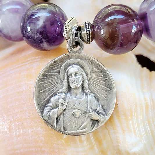Amethyst 10mm Dogtooth Beaded Bracelet w/ Sacred Heart of Jesus Medal + Our Lady of Mt. Carmel - Afterlife Jewelry Designs