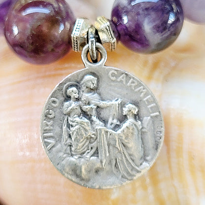 Amethyst 10mm Dogtooth Beaded Bracelet w/ Sacred Heart of Jesus Medal + Our Lady of Mt. Carmel - Afterlife Jewelry Designs