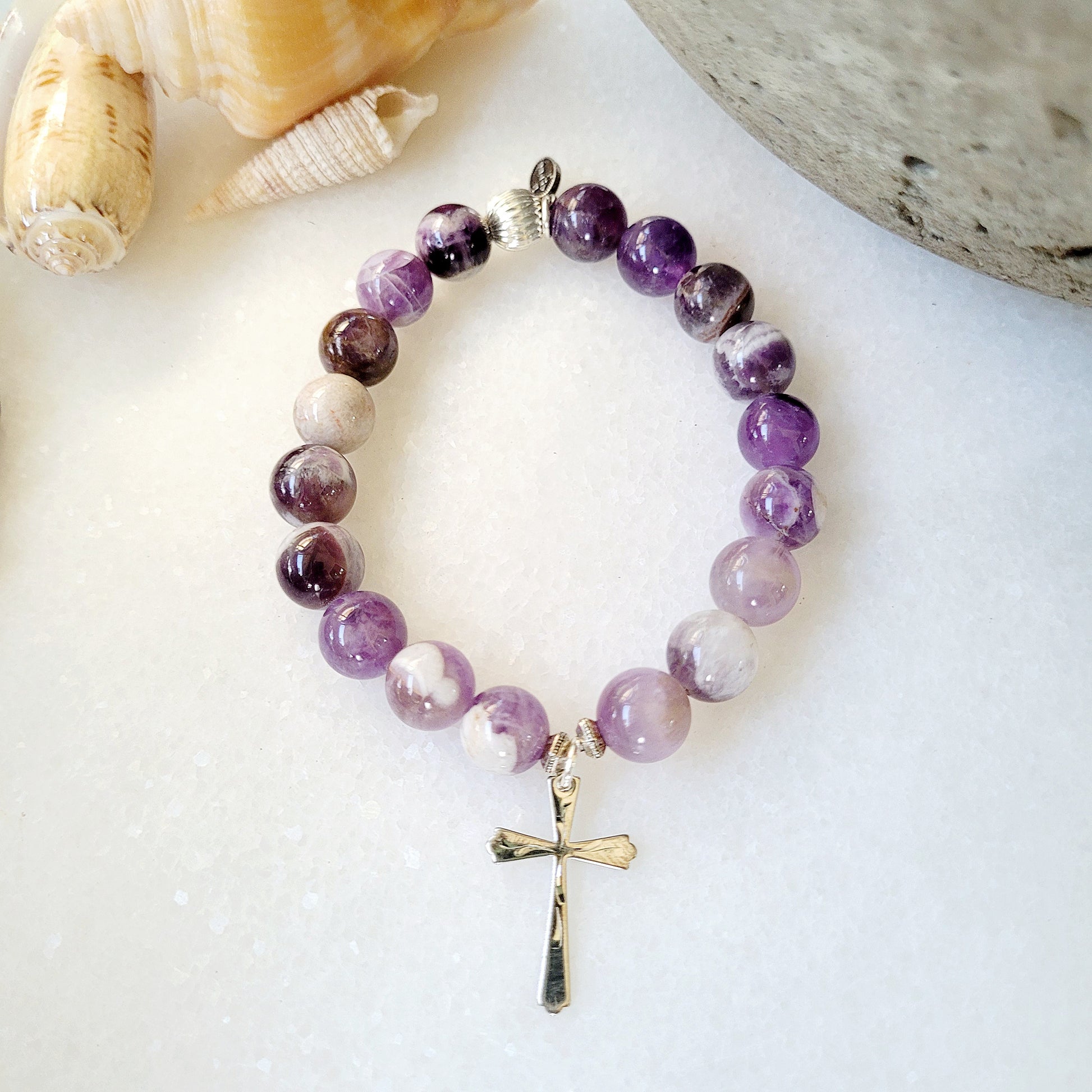 Amethyst 10mm Dogtooth Beaded Bracelet w/ Sterling Silver Cross - Afterlife Jewelry Designs