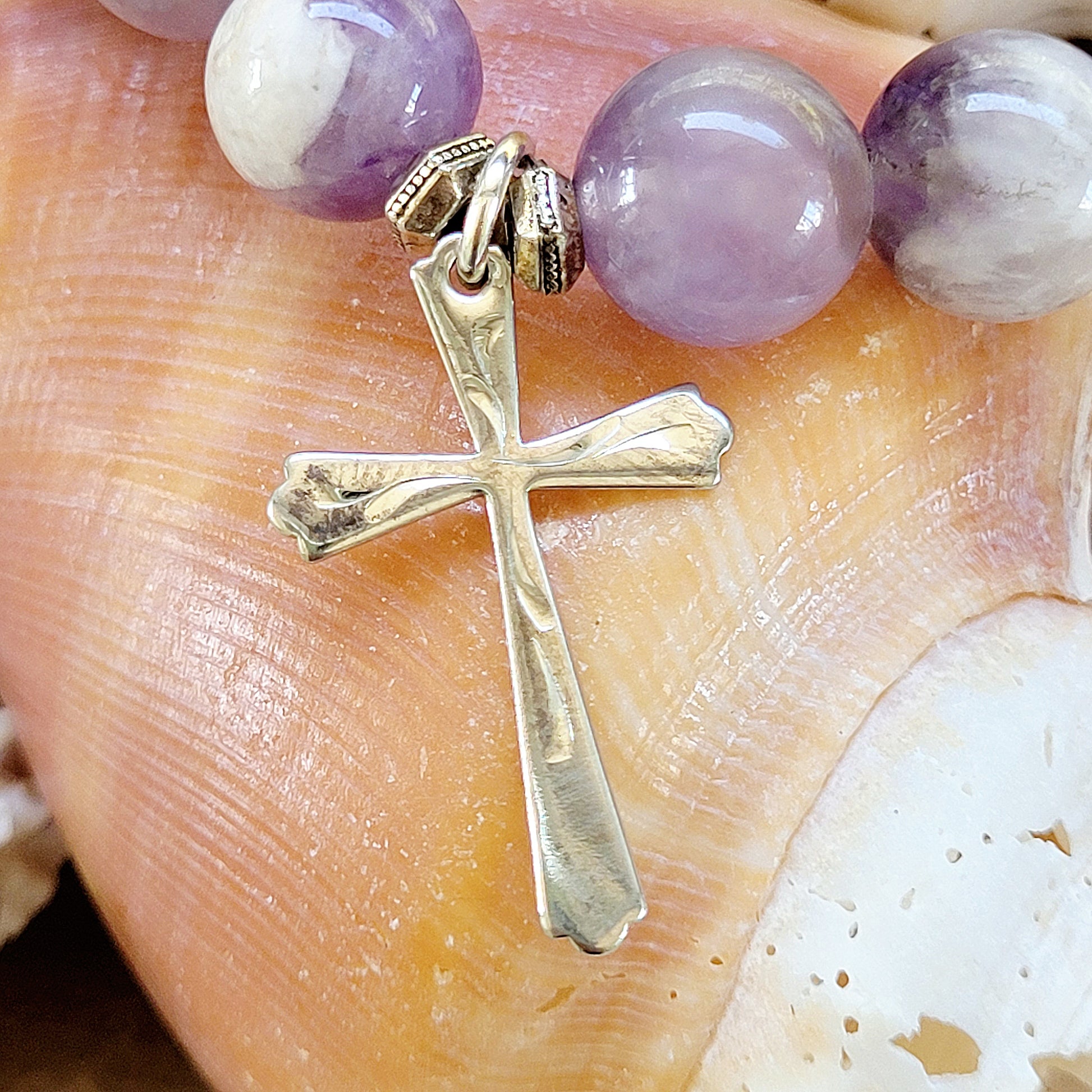 Amethyst 10mm Dogtooth Beaded Bracelet w/ Sterling Silver Cross - Afterlife Jewelry Designs