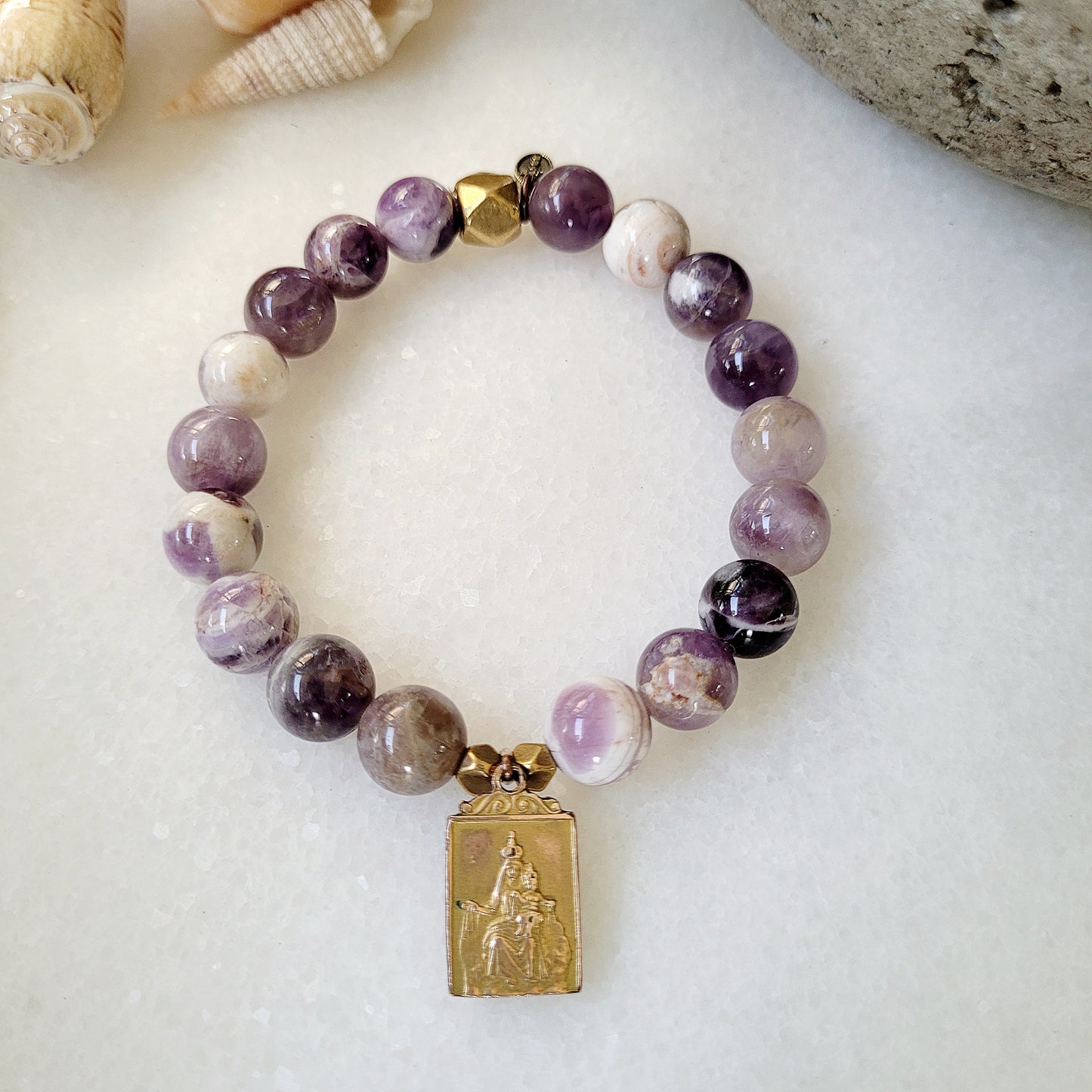 Amethyst 10mm Dogtooth Beaded Bracelet w/ Our Lady of Mt. Carmel Gold Plated Medal - Afterlife Jewelry Designs