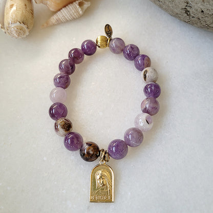 Amethyst 10mm Dogtooth Beaded Bracelet w/ Our Lady of Medjugorje Gold Plated Medal - Afterlife Jewelry Designs