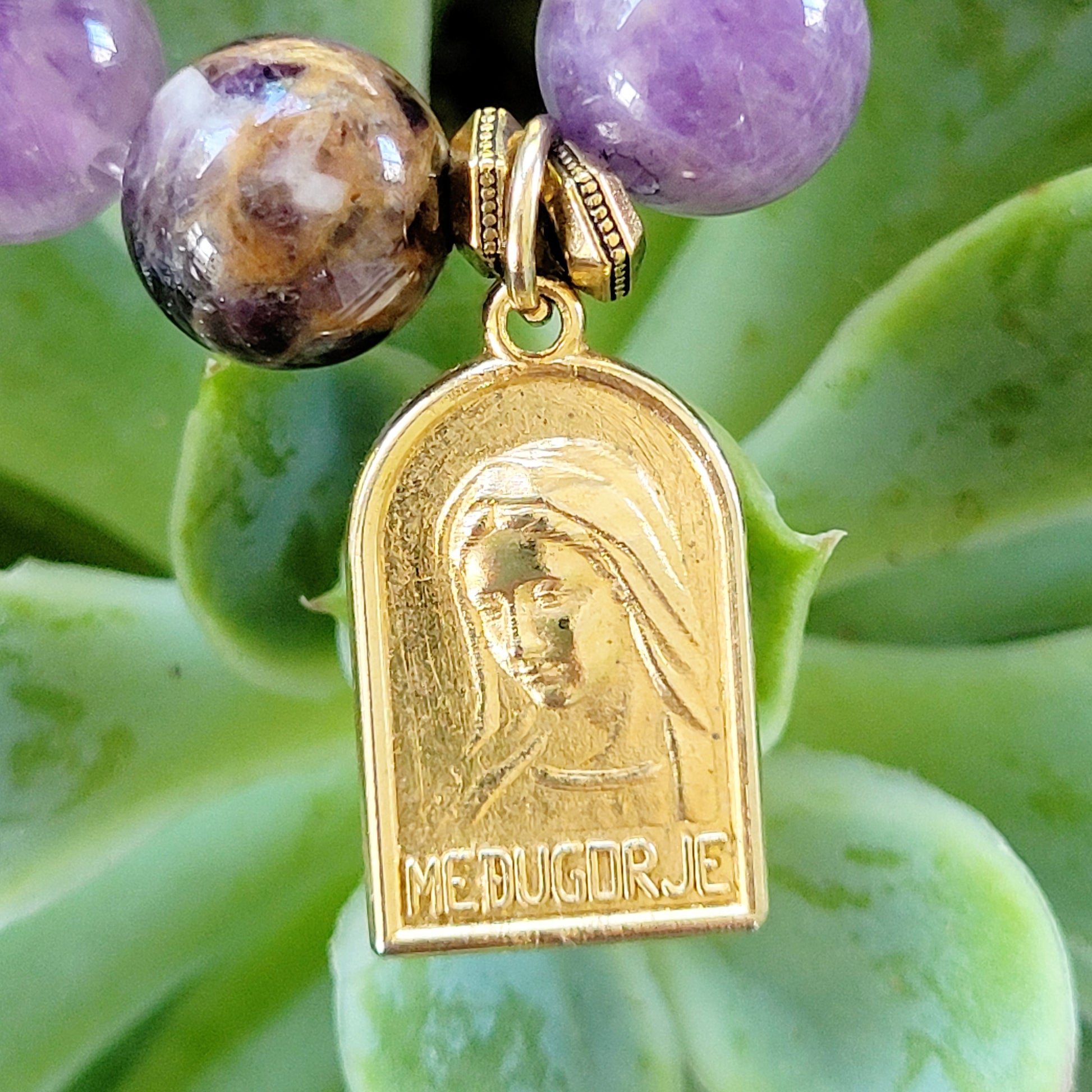 Amethyst 10mm Dogtooth Beaded Bracelet w/ Our Lady of Medjugorje Gold Plated Medal - Afterlife Jewelry Designs