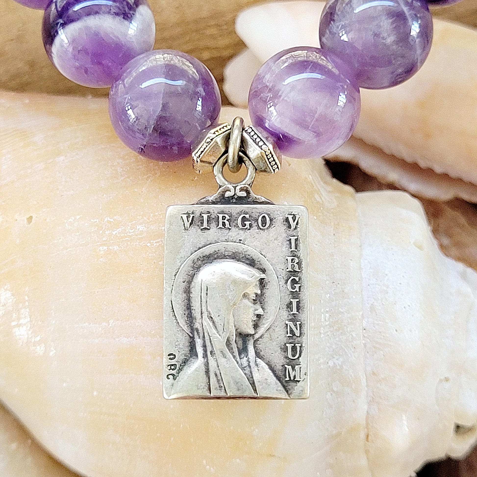 Amethyst 10mm Dogtooth Beaded Bracelet w/ Virgin Mary Art Deco Medal / Lady of Lourdes - Afterlife Jewelry Designs