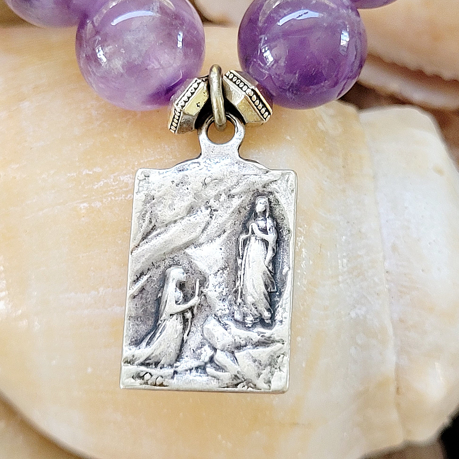 Amethyst 10mm Dogtooth Beaded Bracelet w/ Virgin Mary Art Deco Medal / Lady of Lourdes - Afterlife Jewelry Designs