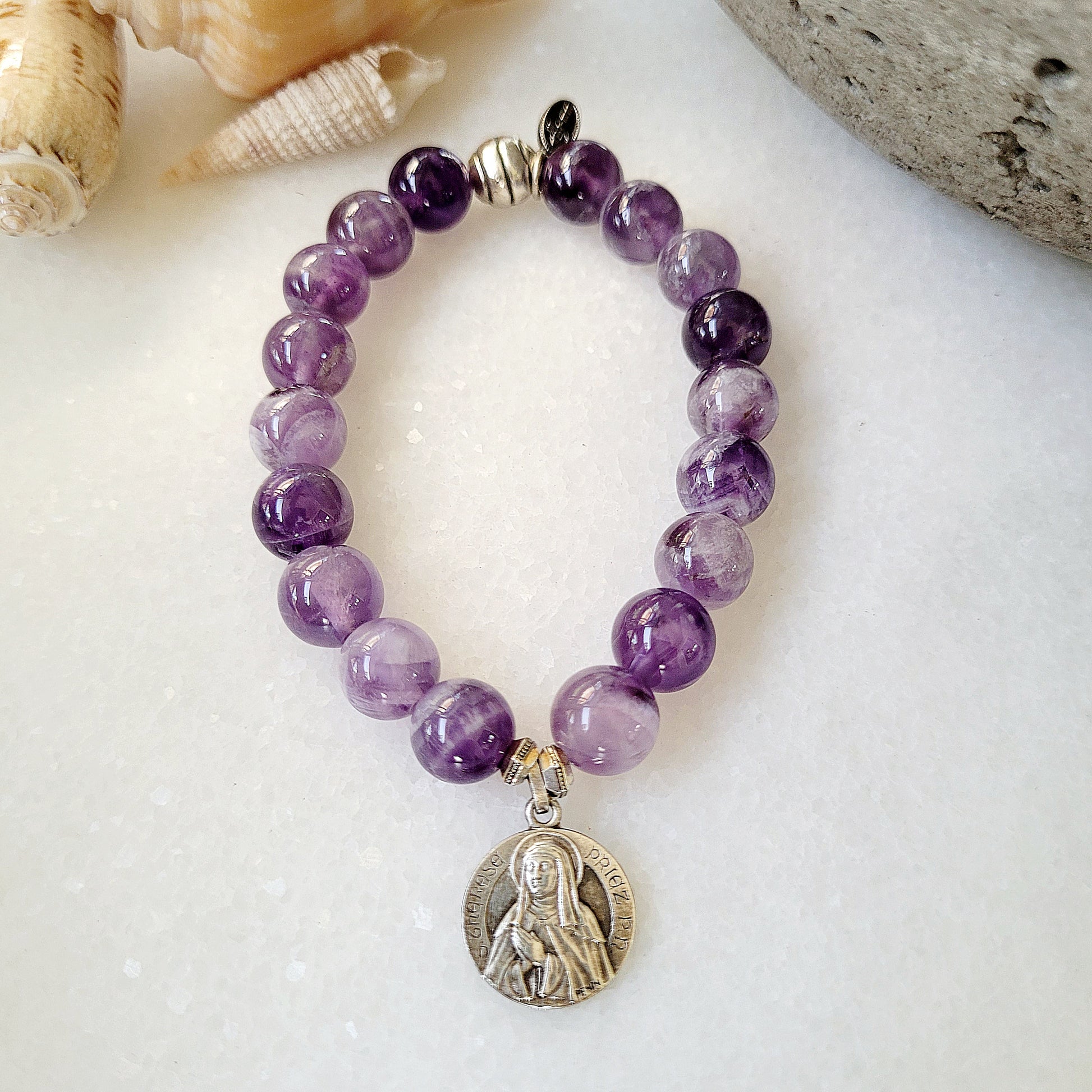 Amethyst 10mm Dogtooth Beaded Bracelet w/ St. Therese of Lisieux Medal - Afterlife Jewelry Designs