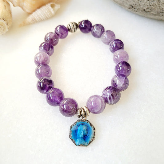 Amethyst 12mm Beaded Bracelet w/ Blue Enameled medal of Blessed Virgin Mary - Afterlife Jewelry Designs